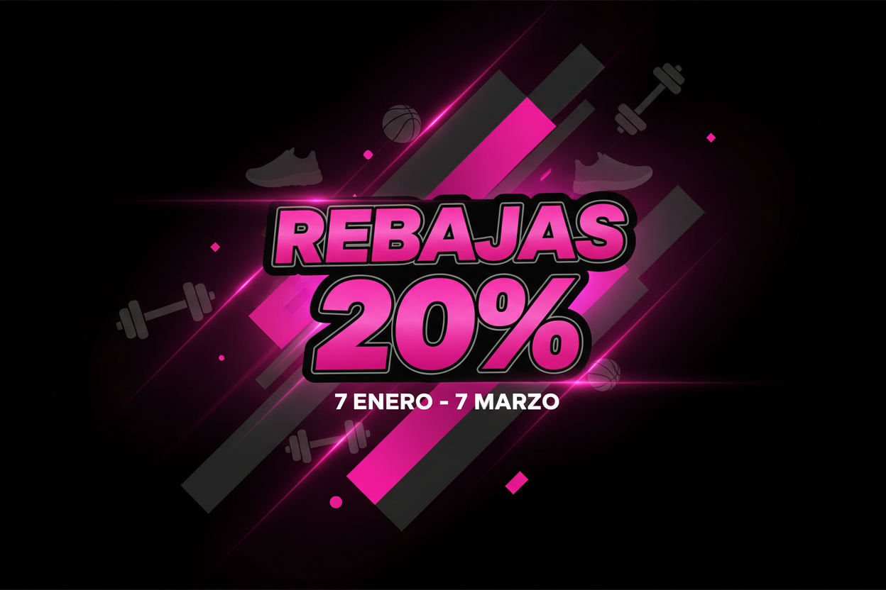 Cartel rebajas deportivo negro y fucsia 20%