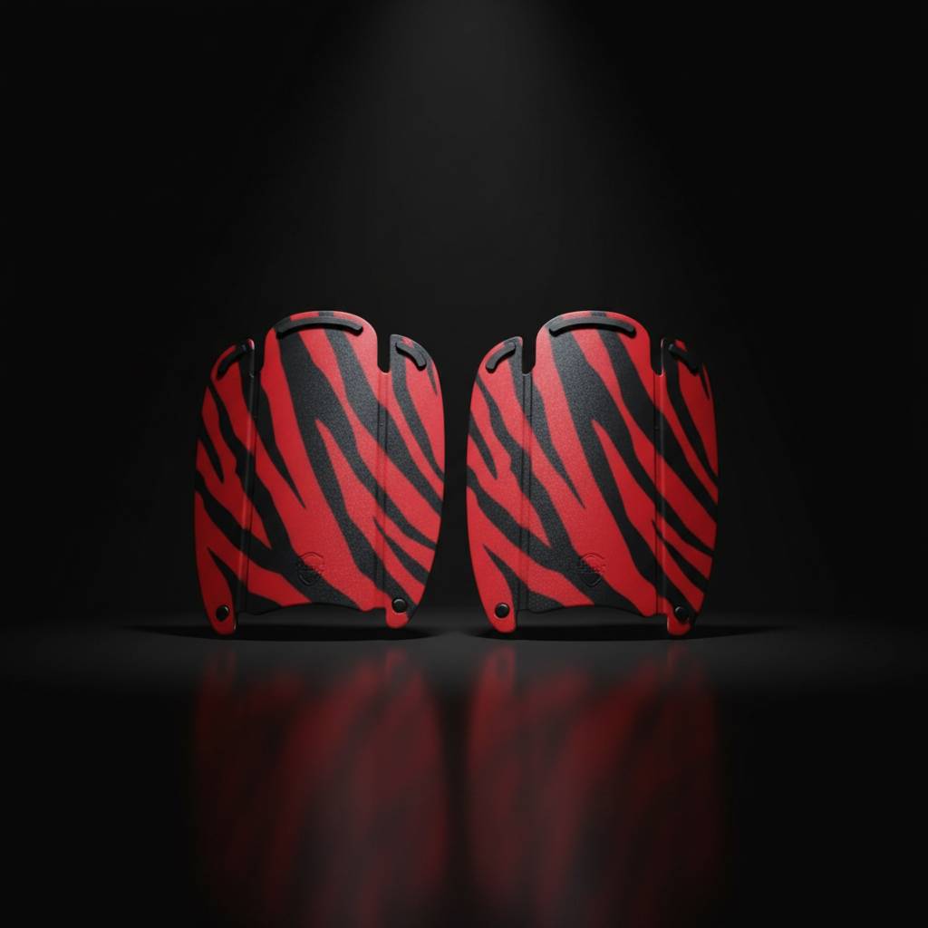 Espinilleras tiger print rojo negro fondo oscuro